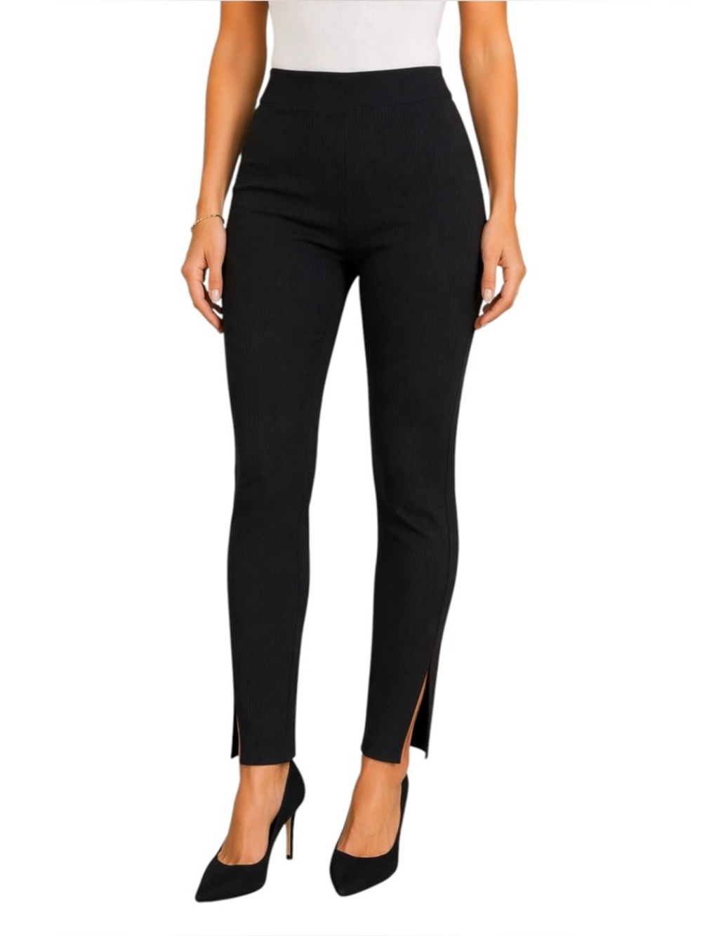 Zara Black Ribbed High Waisted Slit Leggings Minimal Chic Pant